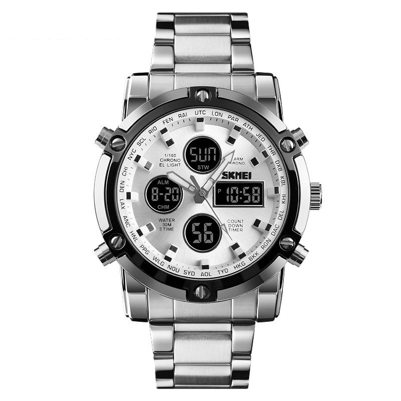 Skmei 1389 Business Style Multifunktion Big Dial Quartz ur Vandtæt Stålbånd Herrearmbåndsur