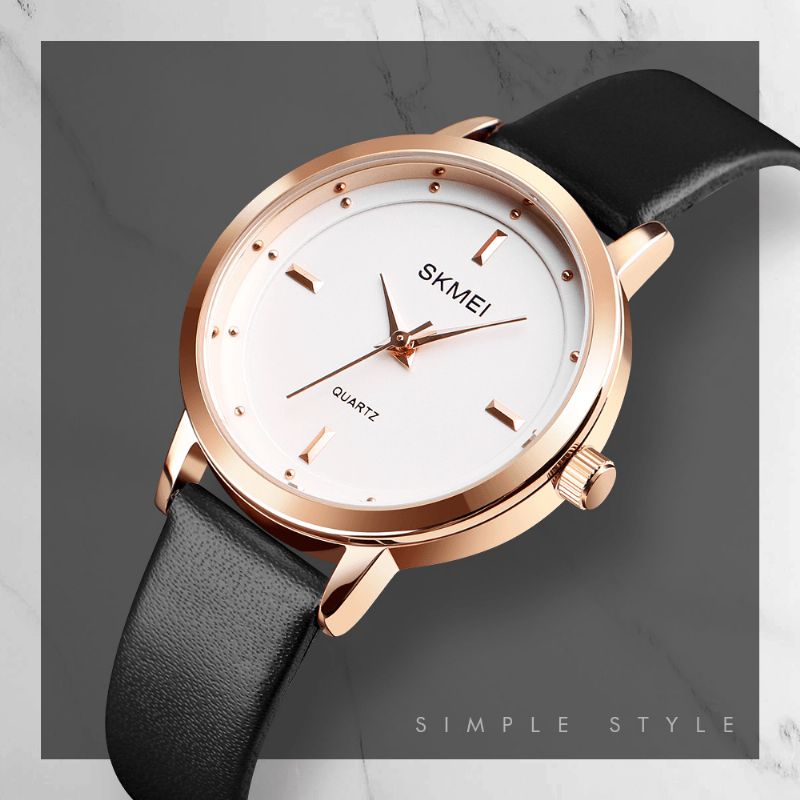 Skmei 1457 Kvinder Mode Simple Dial Rose Gold Case Læderrem Quartz ur