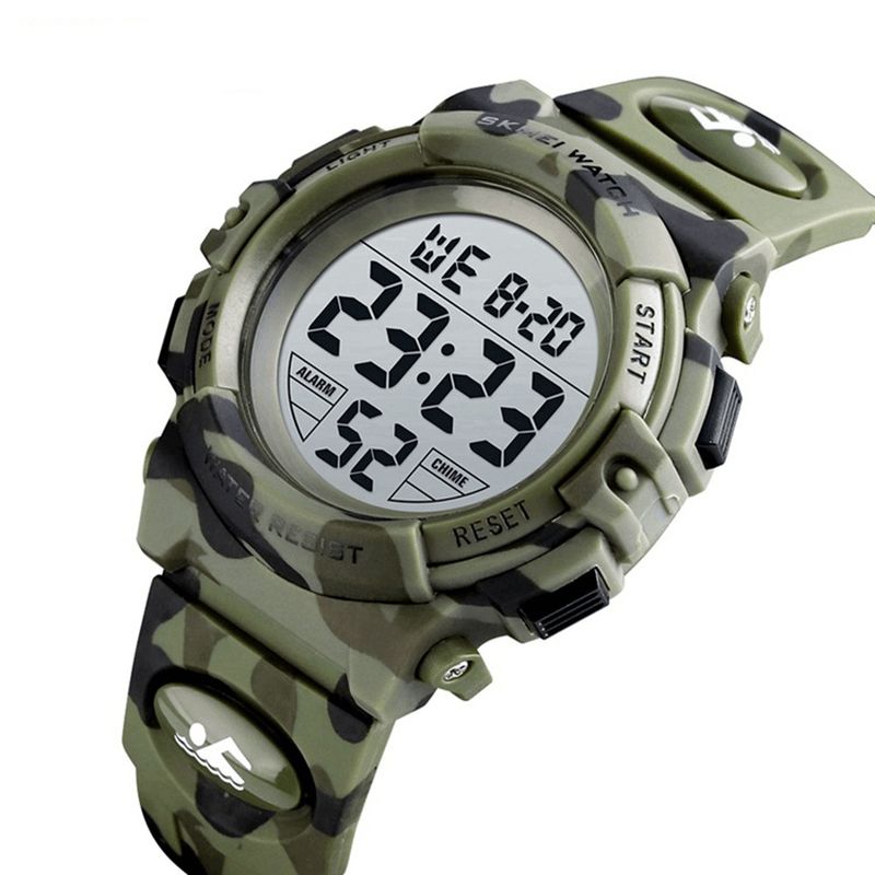 Skmei 1548 Militær Camouflage Børne Armbånd 12/24 Timer Mode El Lysende Display Stopur Alarm 5Atm Vandtæt Kids Digital Watch