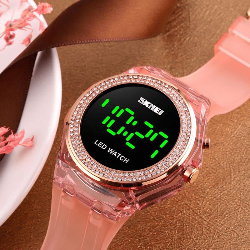 Skmei 1597 Mode Kvindeur Diamond Dial Transparent Pu Strap Lysende Display Lady Digital Watch