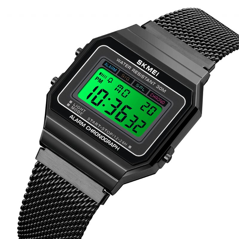 Skmei 1660 Mode Stopur Lysende Display Mænd Vandtæt Ur Mesh Strap Digital Watch