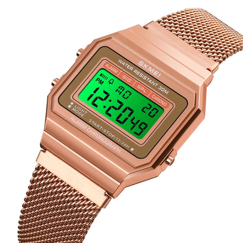 Skmei 1660 Mode Stopur Lysende Display Mænd Vandtæt Ur Mesh Strap Digital Watch