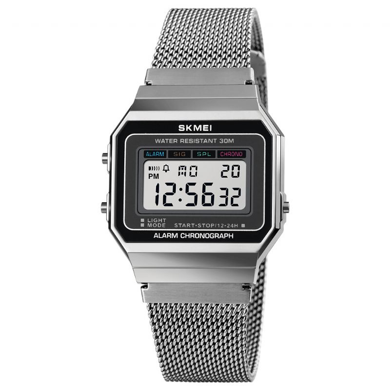 Skmei 1660 Mode Stopur Lysende Display Mænd Vandtæt Ur Mesh Strap Digital Watch