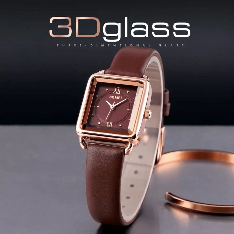 Skmei 1702 Square Dial Classic Damearmbåndsur Ægte Læderbånd Casual Quartz ur