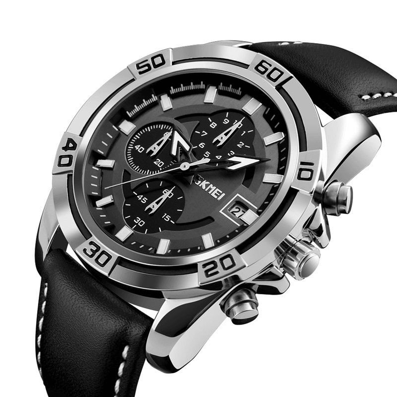 Skmei 9156 Sport Watch Chronograph Læderrem Vandtæt Herre Quartz Armbåndsur