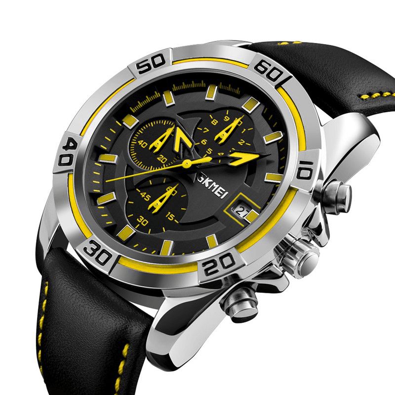 Skmei 9156 Sport Watch Chronograph Læderrem Vandtæt Herre Quartz Armbåndsur