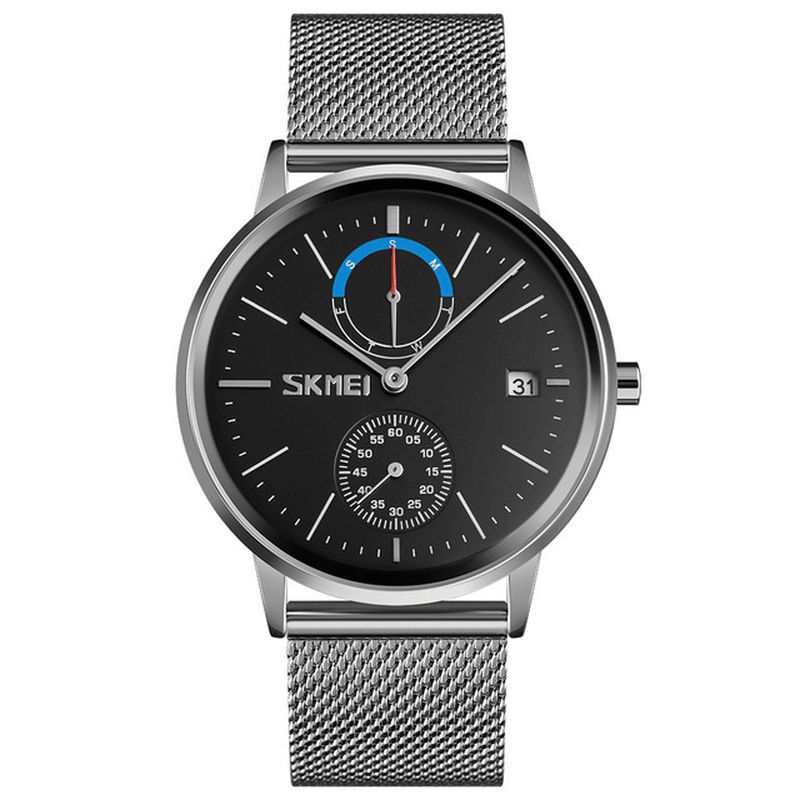 Skmei 9182 Business Style Cirkulært Spejl Mesh Stålrem Uge Dato Display Herreur Quartz ur