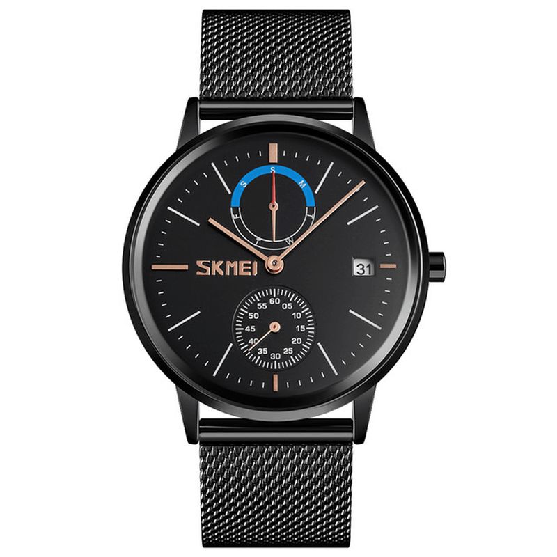 Skmei 9182 Business Style Cirkulært Spejl Mesh Stålrem Uge Dato Display Herreur Quartz ur