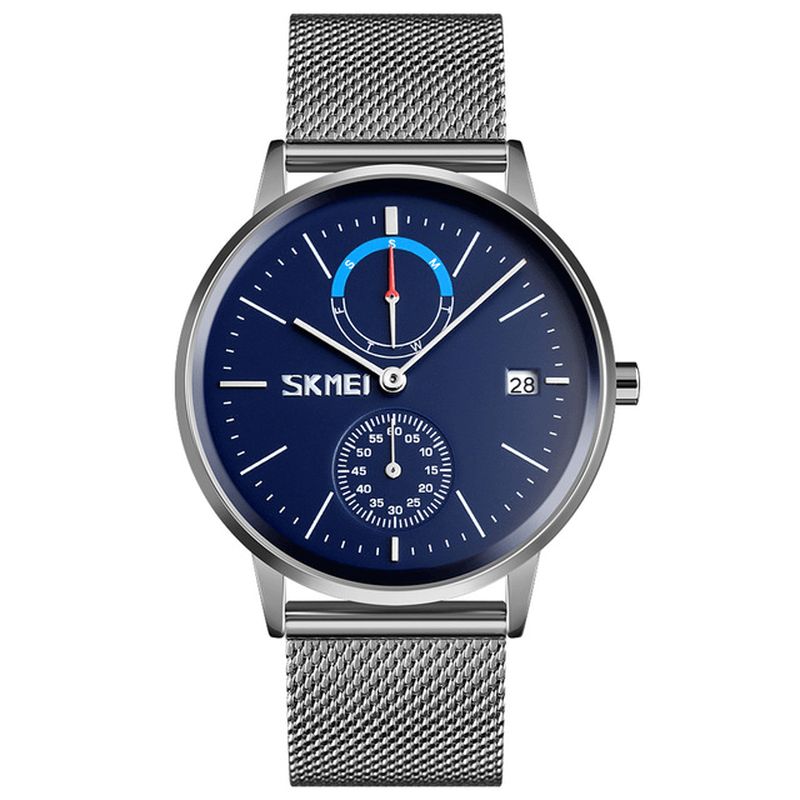 Skmei 9182 Business Style Cirkulært Spejl Mesh Stålrem Uge Dato Display Herreur Quartz ur