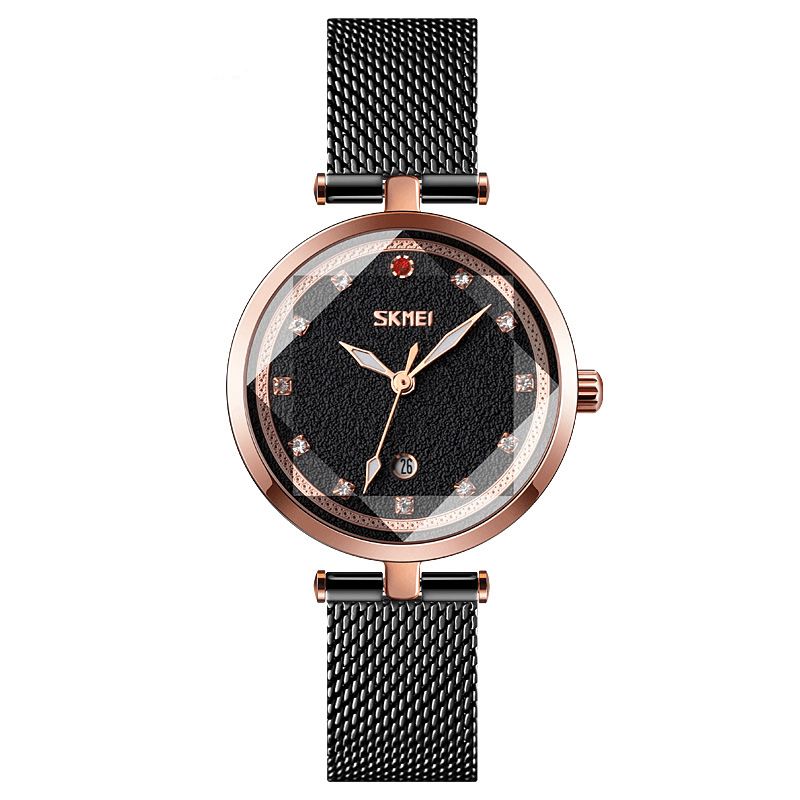 Skmei 9215 Tredimensionel Crystal Dame Watch Mesh Steel Band Quartz ur