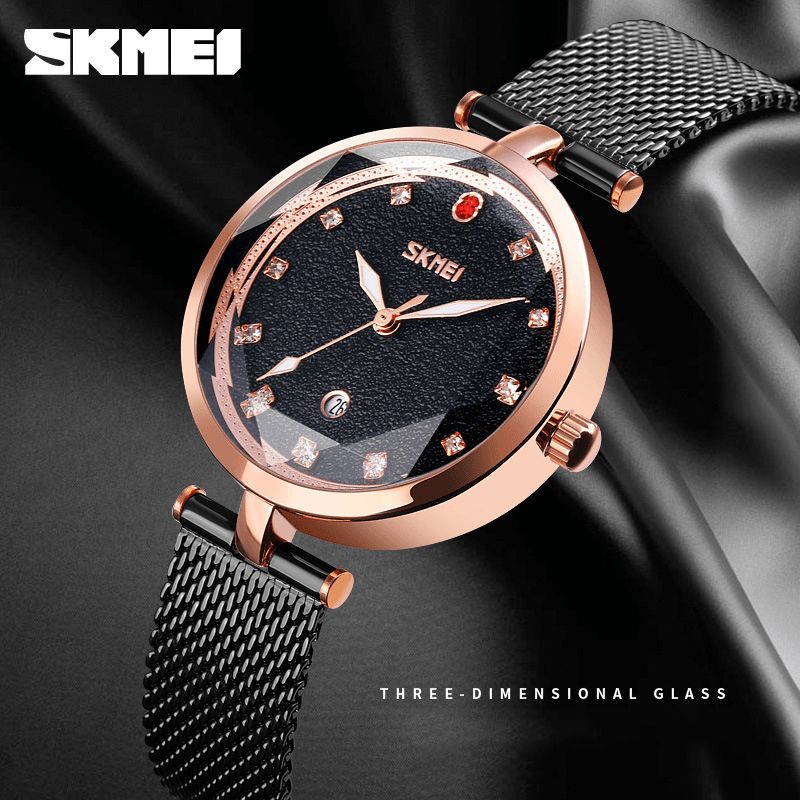 Skmei 9215 Tredimensionel Crystal Dame Watch Mesh Steel Band Quartz ur