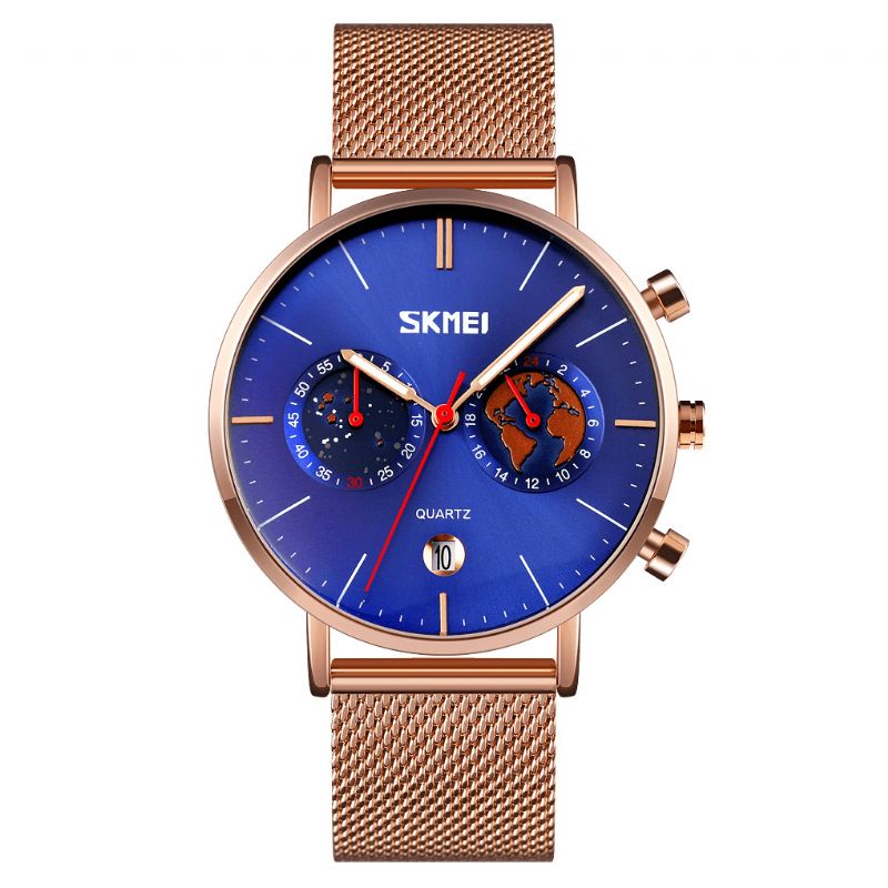 Skmei 9231 Mode Herreur Luminous Date Display Chronograph Creative Small Dial Mesh Bælte Quartz ur