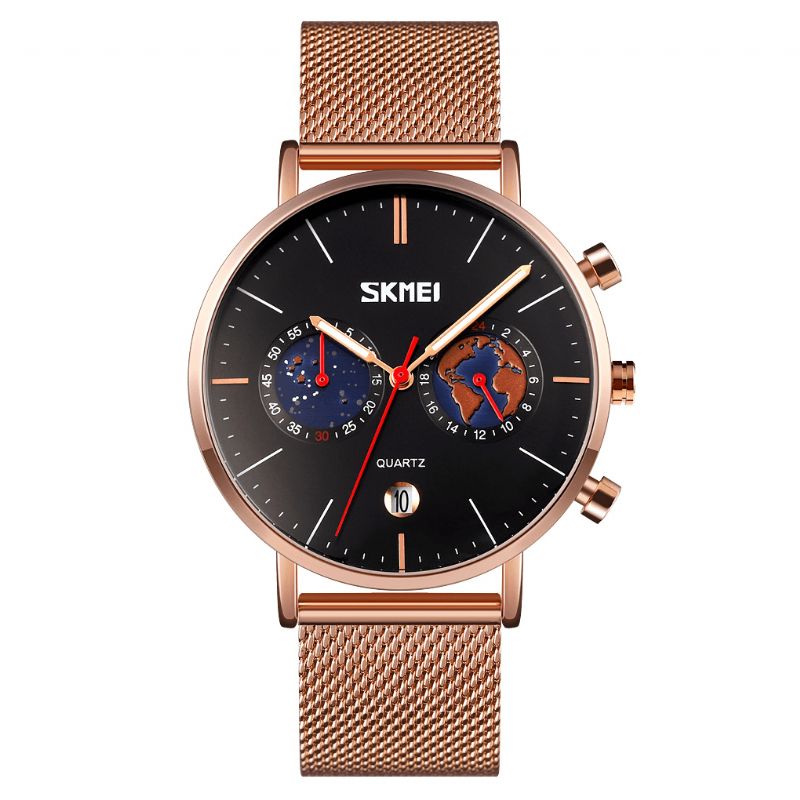 Skmei 9231 Mode Herreur Luminous Date Display Chronograph Creative Small Dial Mesh Bælte Quartz ur