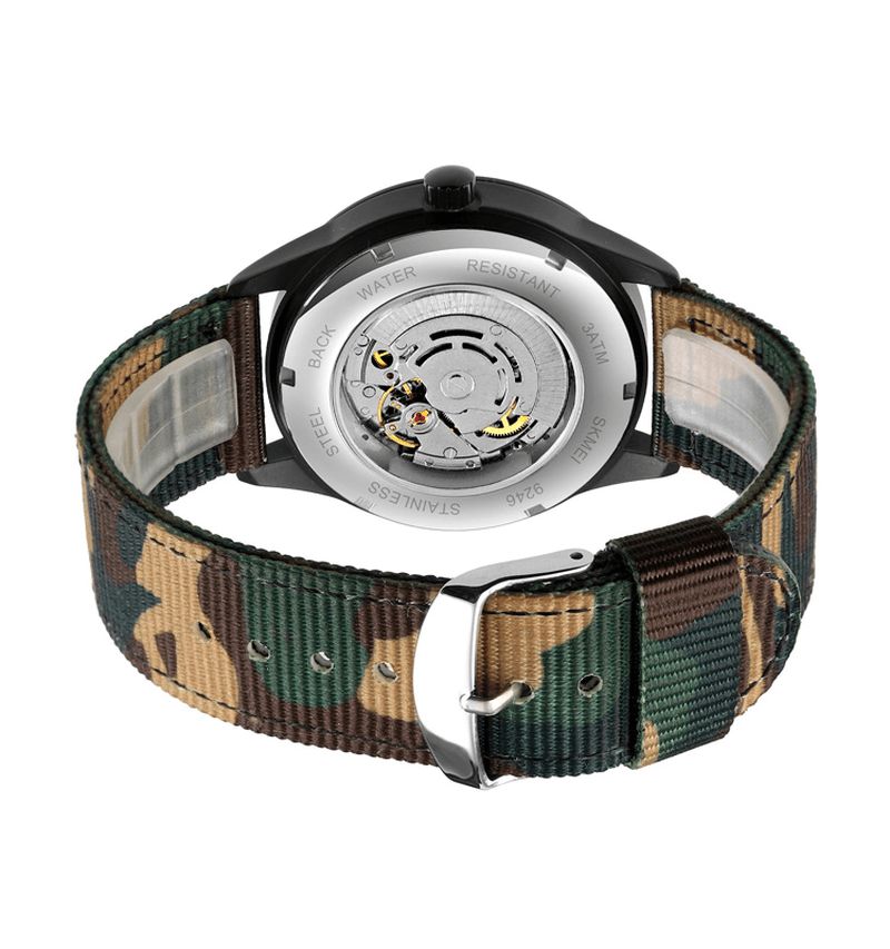 Skmei Elegant Herreur Luminous Pointer Camouflage Nylonrem 3Atm Vandtæt Herre Automatisk Mekanisk Ur