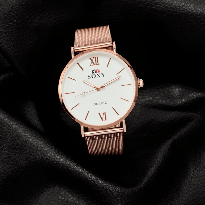 Soxy Mode Style Dame Armbåndsur Damekjole Simple Dial Rose Gold Rustfrit Stål Rem Quartz ur