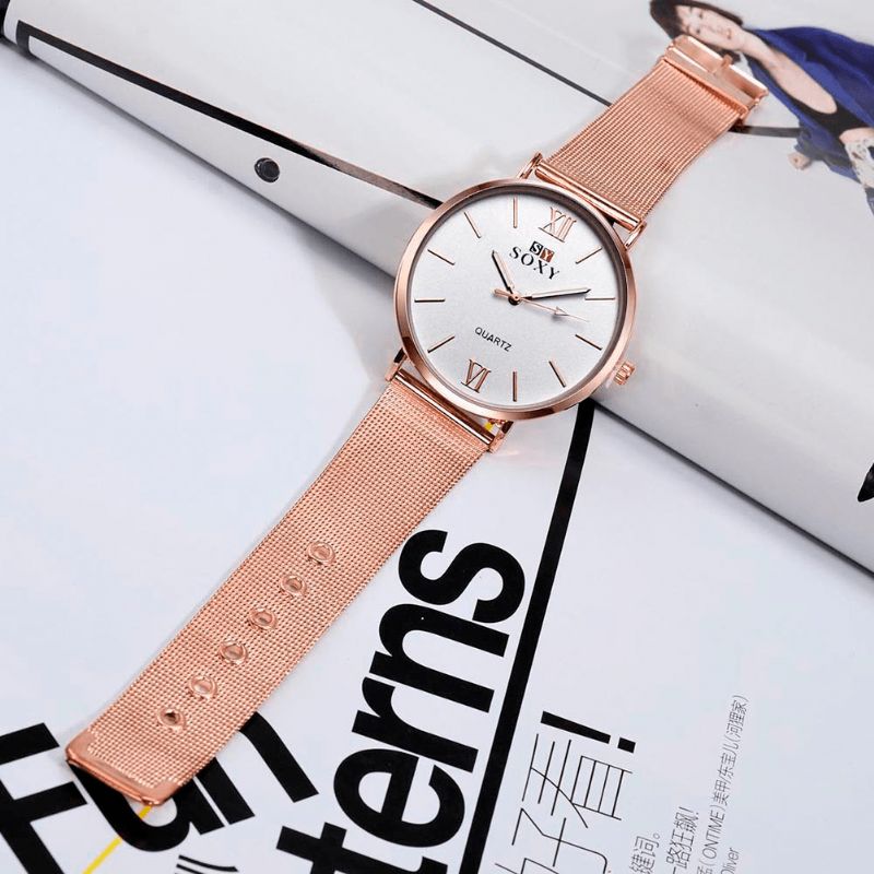 Soxy Mode Style Dame Armbåndsur Damekjole Simple Dial Rose Gold Rustfrit Stål Rem Quartz ur