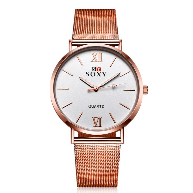 Soxy Mode Style Dame Armbåndsur Damekjole Simple Dial Rose Gold Rustfrit Stål Rem Quartz ur