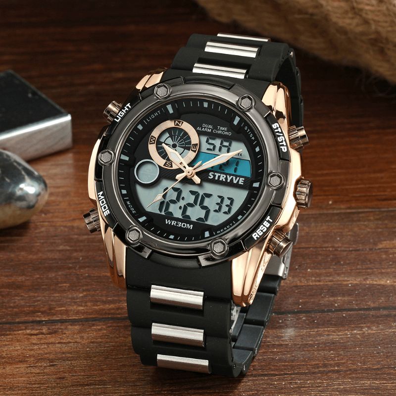 Stryve S8006 Dual Display Digital Watch Kronograf Alarm Stopur Lysende Display Sport Ur