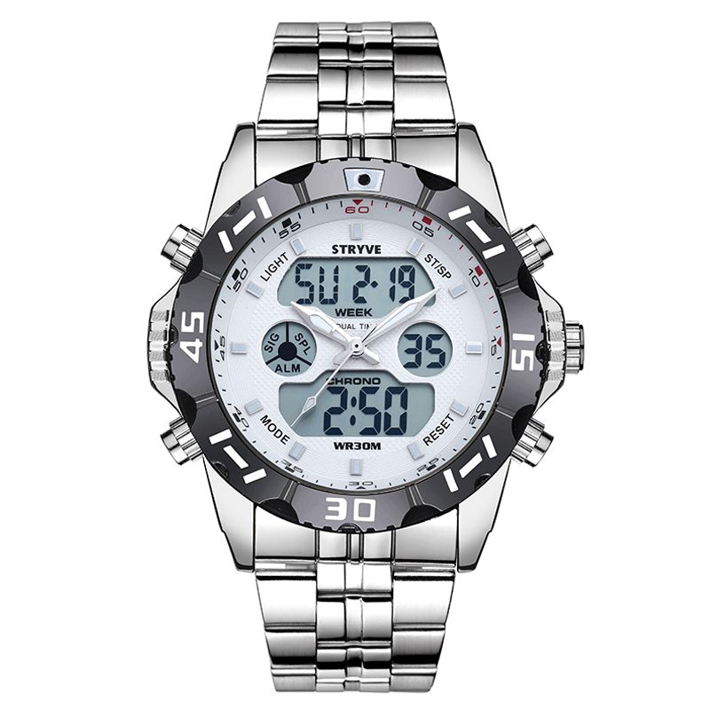 Stryve S8011 Chronograph Alarm Kalender Rustfrit Stål Sport Dual Display Digital Ur