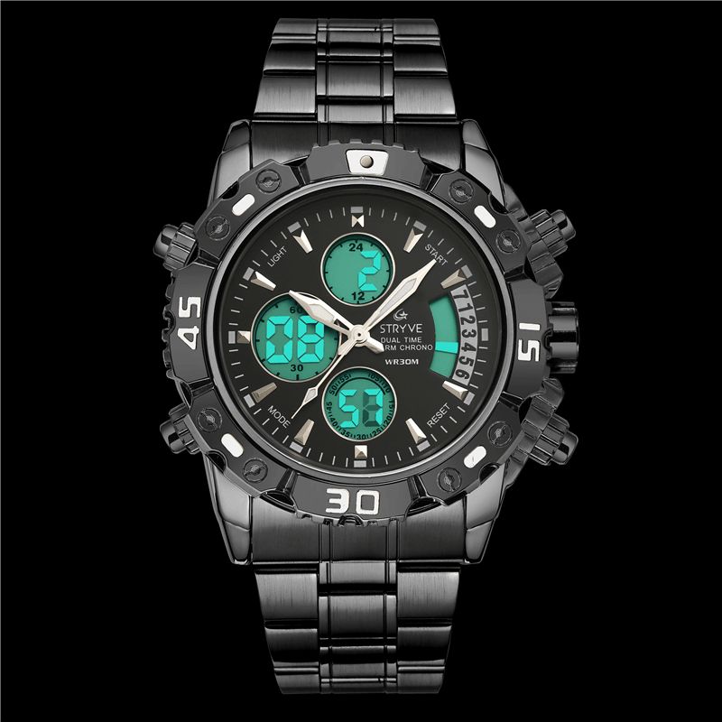 Stryve S8018 Mænd Fuldt Stål Vandtæt Dato Uge Chrono Vækkeur Dual Display Digital Watch