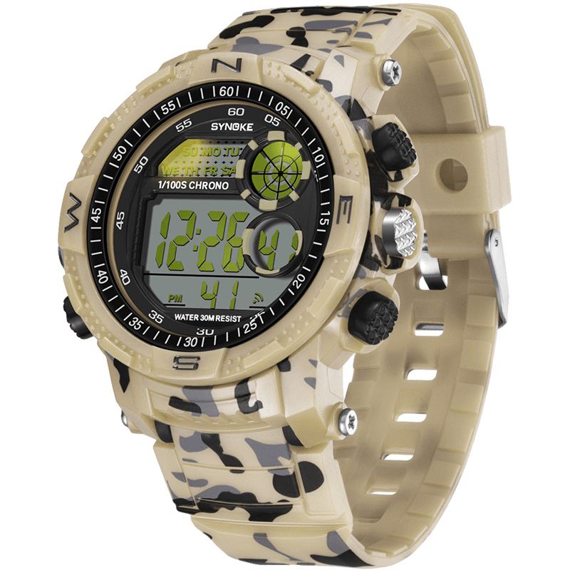 Synoke 9033 Sport Herreur Vandtæt Lysende Dato Uge Display Camouflage Udendørs Digital Ur