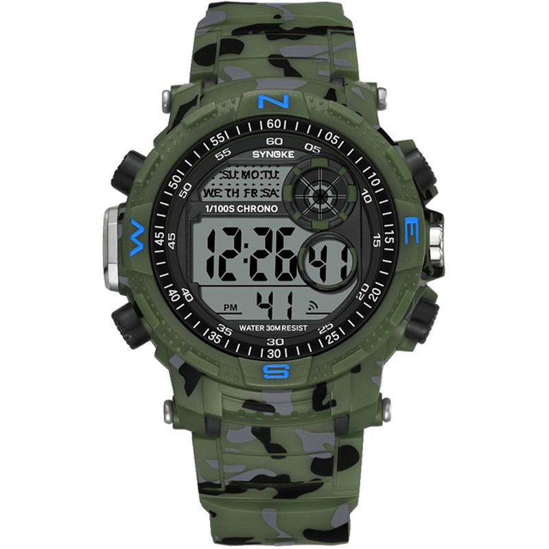 Synoke 9033 Sport Herreur Vandtæt Lysende Dato Uge Display Camouflage Udendørs Digital Ur