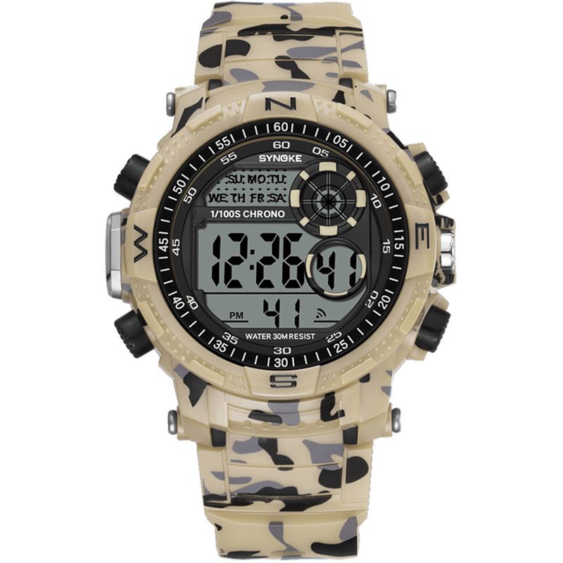 Synoke 9033 Sport Herreur Vandtæt Lysende Dato Uge Display Camouflage Udendørs Digital Ur