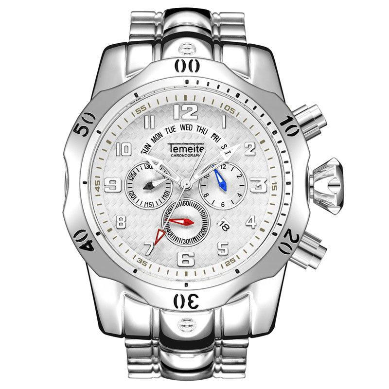 Temeite Large Dial Herre Business Watch Multifunktionelt Lysende Kalender Vandtæt Quartz ur