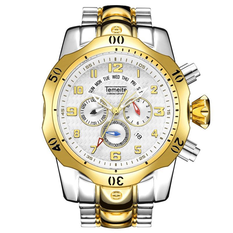 Temeite Large Dial Herre Business Watch Multifunktionelt Lysende Kalender Vandtæt Quartz ur