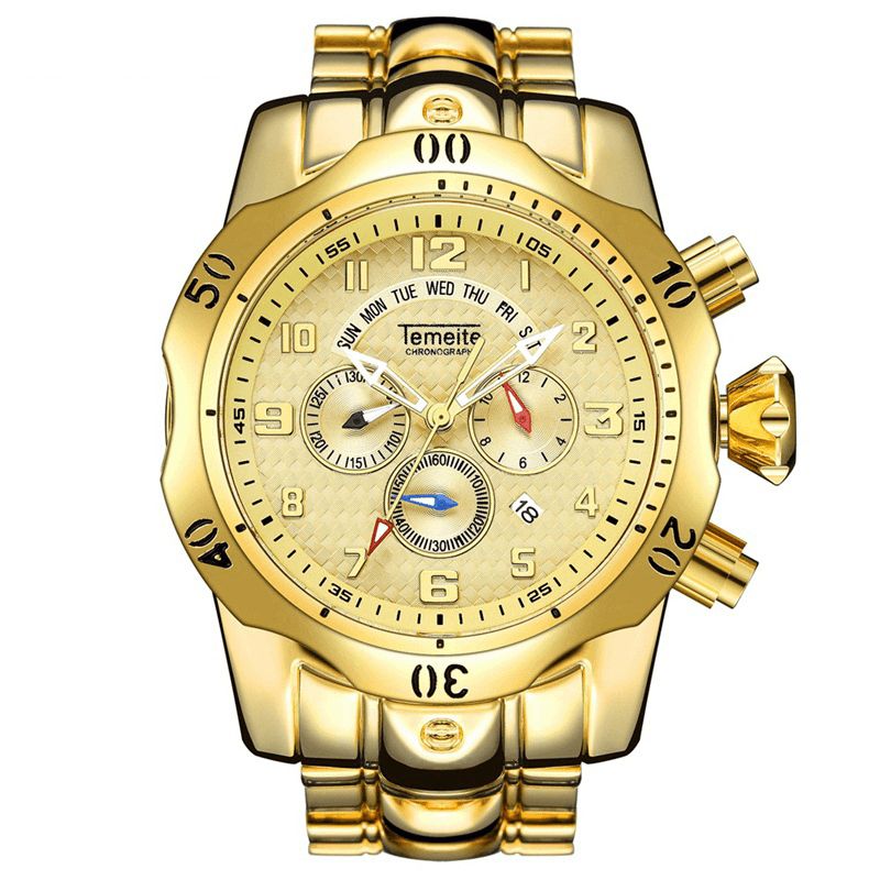 Temeite Large Dial Herre Business Watch Multifunktionelt Lysende Kalender Vandtæt Quartz ur