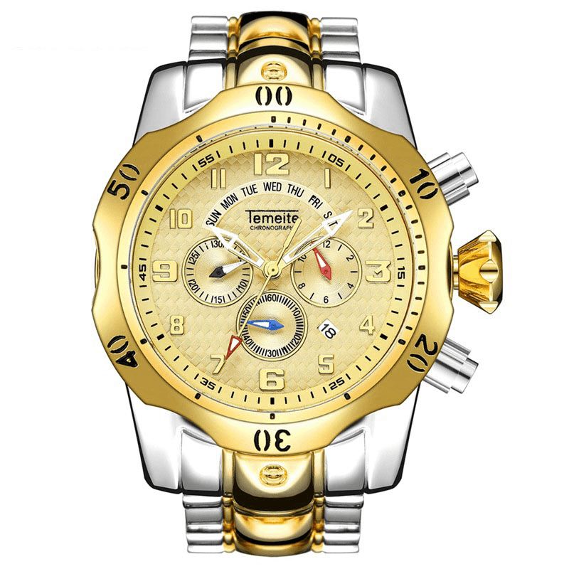 Temeite Large Dial Herre Business Watch Multifunktionelt Lysende Kalender Vandtæt Quartz ur