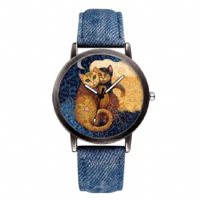 Temperament Cartoon Cat Blank Dial All-Match Denim Strap Kvinder Quartz ur Armbåndsur