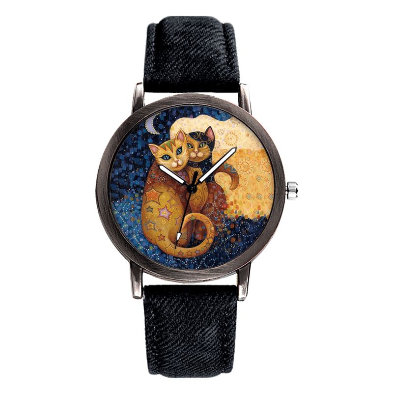 Temperament Cartoon Cat Blank Dial All-Match Denim Strap Kvinder Quartz ur Armbåndsur