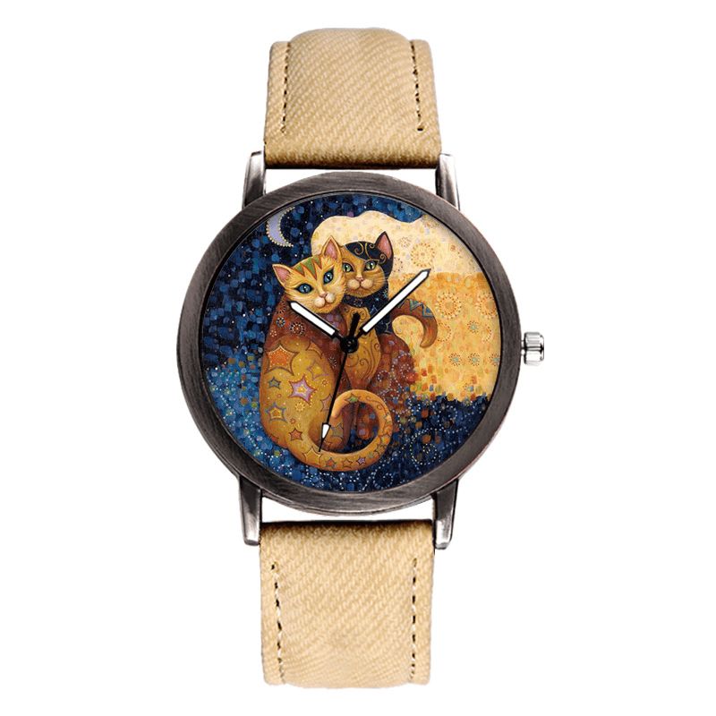 Temperament Cartoon Cat Blank Dial All-Match Denim Strap Kvinder Quartz ur Armbåndsur