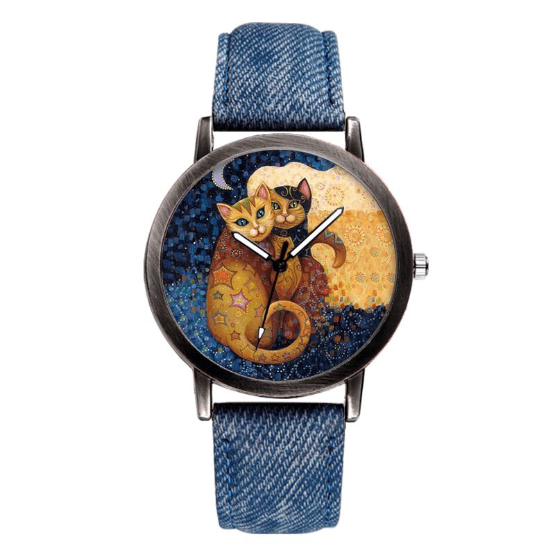 Temperament Cartoon Cat Blank Dial All-Match Denim Strap Kvinder Quartz ur Armbåndsur