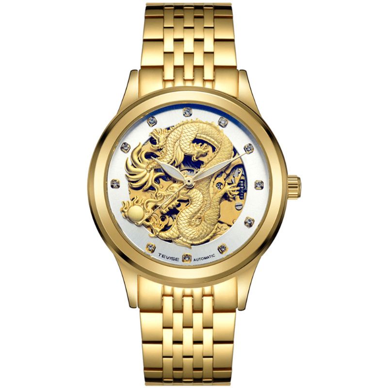 Tevise 9006 Mekanisk Ur Mænd Kvinder Hollow Dragon Phoenix Pattern Watch Rustfrit Stål Ur