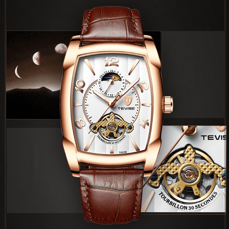 Tevise T802B Business Style Mænd Armbåndsur Moonphase Dato Display Automatisk Mekanisk Ur