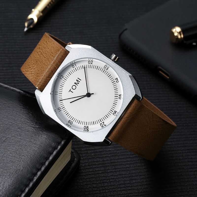 Tomi Mode Herre Watch Ultra Thin Dial Casual Læderrem Quartz ur