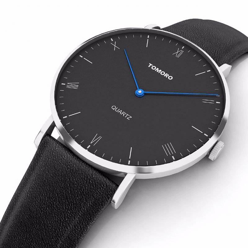 Tomoro Tm0818 Mode Læderrem Med Stor Skive Blue Pointer Ultratyndt Herreur Quartz ur