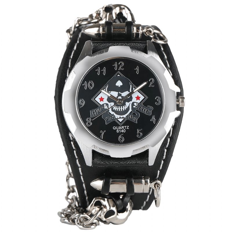 Vintage Firkantet Urskive Herreur Hollow Skull Læder Quartz ur