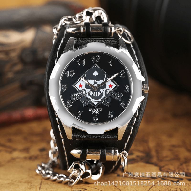 Vintage Firkantet Urskive Herreur Hollow Skull Læder Quartz ur