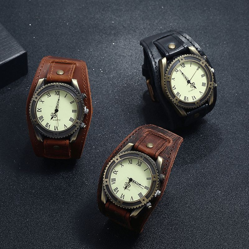 Vintage Ko Læder Armbånd Watch Justerbar Rem Romertal Mænd Quartz ur