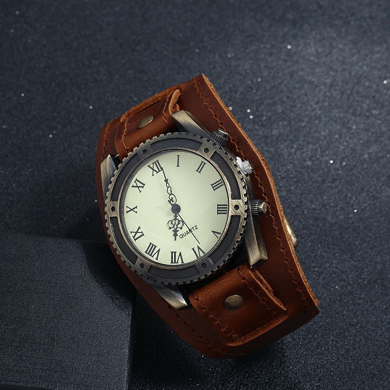 Vintage Ko Læder Armbånd Watch Justerbar Rem Romertal Mænd Quartz ur