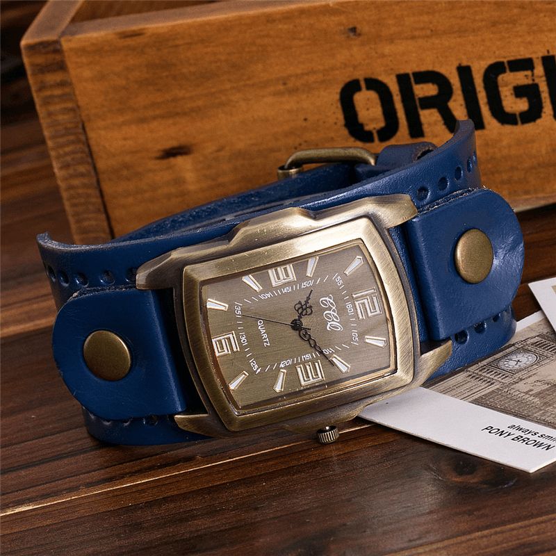 Vintage Mode Rektangel Urskive Ko Læder Armbåndsur Unisex Antik Casual Band Herre Quartz ur