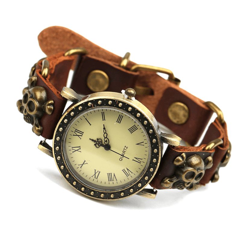 Vintage Retro Style Herre Watch Cow Leather Armbånd Watch Justerbar Skull Quartz ur