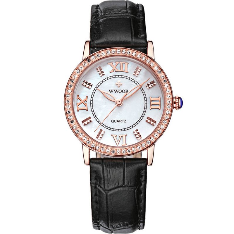 Wwoor 8807 Ultratynd Elegant Design Dame Armbåndsur Læderrem Kvartsure