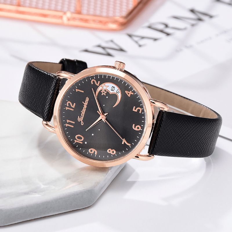 Xr4379 Elegant Luksus 2 Stk Ur Sæt Dame Armbånd Kvarts Ur Moon Starry Dial Læderrem Dame Gave