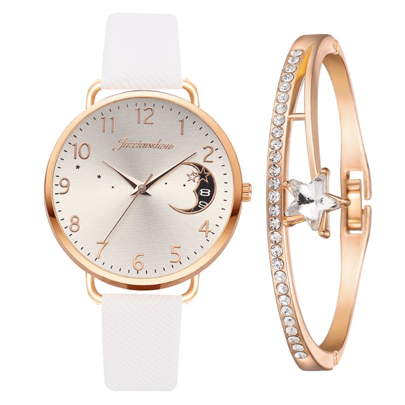 Xr4379 Elegant Luksus 2 Stk Ur Sæt Dame Armbånd Kvarts Ur Moon Starry Dial Læderrem Dame Gave