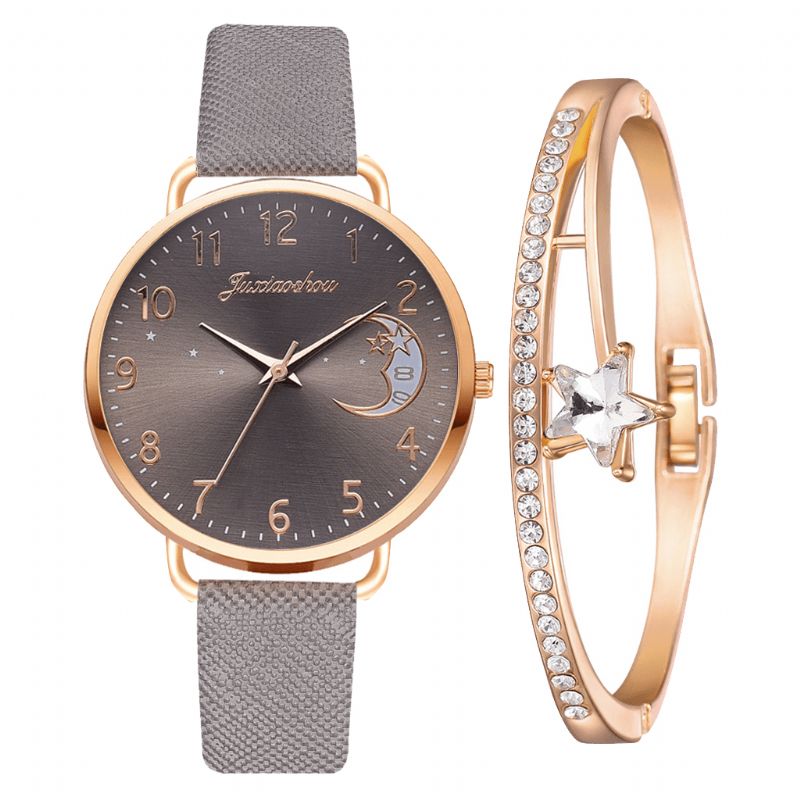 Xr4379 Elegant Luksus 2 Stk Ur Sæt Dame Armbånd Kvarts Ur Moon Starry Dial Læderrem Dame Gave