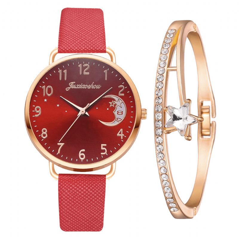 Xr4379 Elegant Luksus 2 Stk Ur Sæt Dame Armbånd Kvarts Ur Moon Starry Dial Læderrem Dame Gave